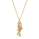 Gold fish-shaped pendant necklace on a white background