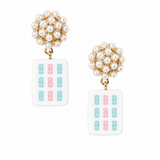 A pair of gold and pearl drop earrings featuring rectangular white enamel pendants decorated with pastel pink and light blue Chinese 8-balls.