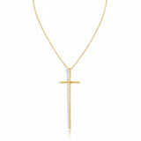 Delicate gold-tone necklace featuring a sleek vertical cross pendant on a fine chain, offering a modern and understated take on a classic faith-inspired design.