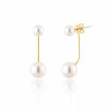A pair of modern pearl earrings featuring a sleek gold-tone bar connecting two lustrous pearls—one smaller and one larger—for a minimalist yet elegant look. These dual pearl drop earrings combine classic sophistication with a modern silhouette.