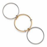 Three hoop earrings in gold, silver, and rose gold on a white background