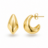 A pair of polished yellow gold earrings on a clean white background, showing one flat front view and one side profile with a post and butterfly back.