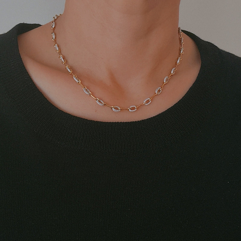 Paved Horsebit Link Chain Necklace- Moissanite And Gold Dipped Sterling Silver