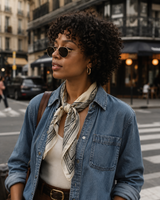 Woman wearing sunglasses and a denim jacket with a scarf in an urban setting