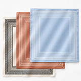 Set of three square scarves with decorative borders on a white background
