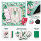 Infographic highlighting the features of the Palm Resort Mahjong Complete Set, including the crystal tile set, playing mat, dice, and score cards.