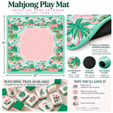 Infographic highlighting the features of the Palm Resort Mahjong Playing Mat, including 31 inch neoprene construction, non-slip base, and easy roll-up storage.