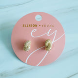 Pair of elegant interlocking loop earrings encrusted with shimmering pavé crystals. The design features two linked ovals forming a sculptural, modern silhouette with a refined, high-shine finish that catches the light beautifully.