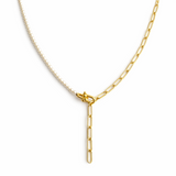 Modern necklace combining half white pearls and half elongated gold chain links. The design blends classic sophistication with a contemporary edge for a balanced, elegant look.