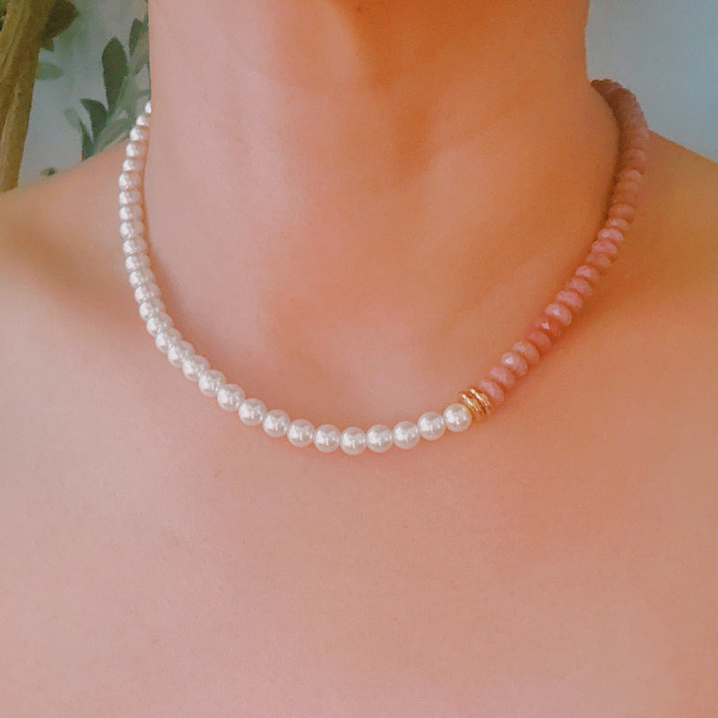 Unique necklace featuring alternating freshwater pearls and gemstone accents, creating a harmonious blend of classic charm and radiant sophistication.