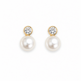 Gold stud earrings featuring round clear crystal accents paired with glossy white pearl drop details in a classic and elegant design on a white background