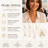 Pearl initial necklace with product details and a model wearing it.