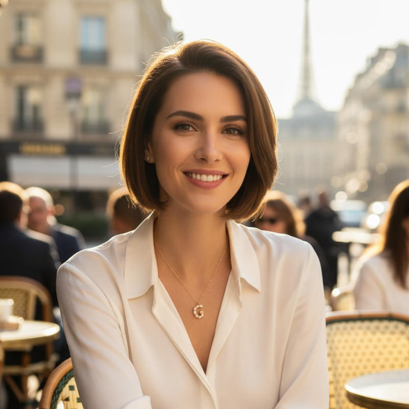 Woman wearing pearl mosaic initial G pendant necklace in a white shirt sitting outdoors with a blurred cityscape background
