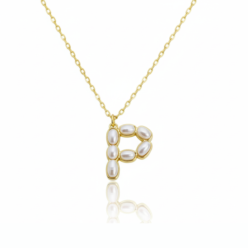 Gold necklaces with pearl beads on a initial pendant P with white background