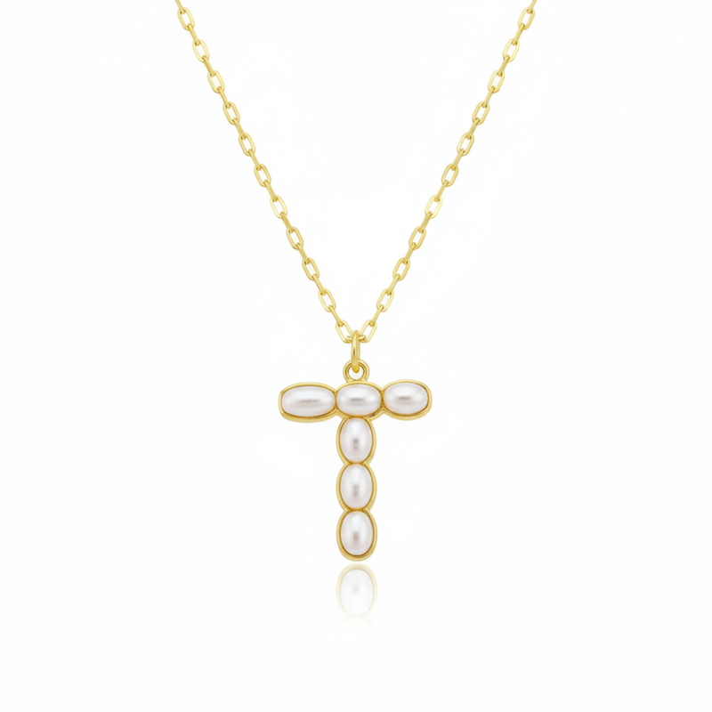 Gold necklaces with pearl beads on a initial pendant T with white background