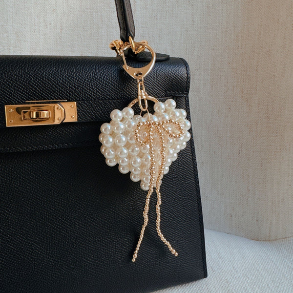 Pearl Knit Heart Beaded Bow Bag Charm