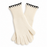A pair of cream-colored knit glove covers with black trim along the top cuff, displayed on a clean white background.
