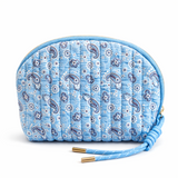 Blue floral patterned pouch with a strap on a white background