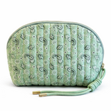 Green patterned pouch with a strap on a white background