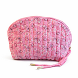 Pink paisley patterned pouch with a strap on a white background