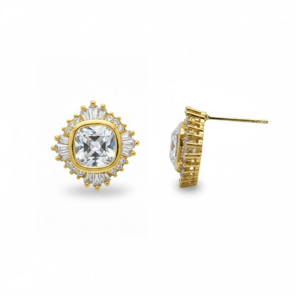 Gold-tone stud earrings featuring a radiant crown-like cluster of sparkling stones, arranged in a semi-circle to create a regal yet minimal look.