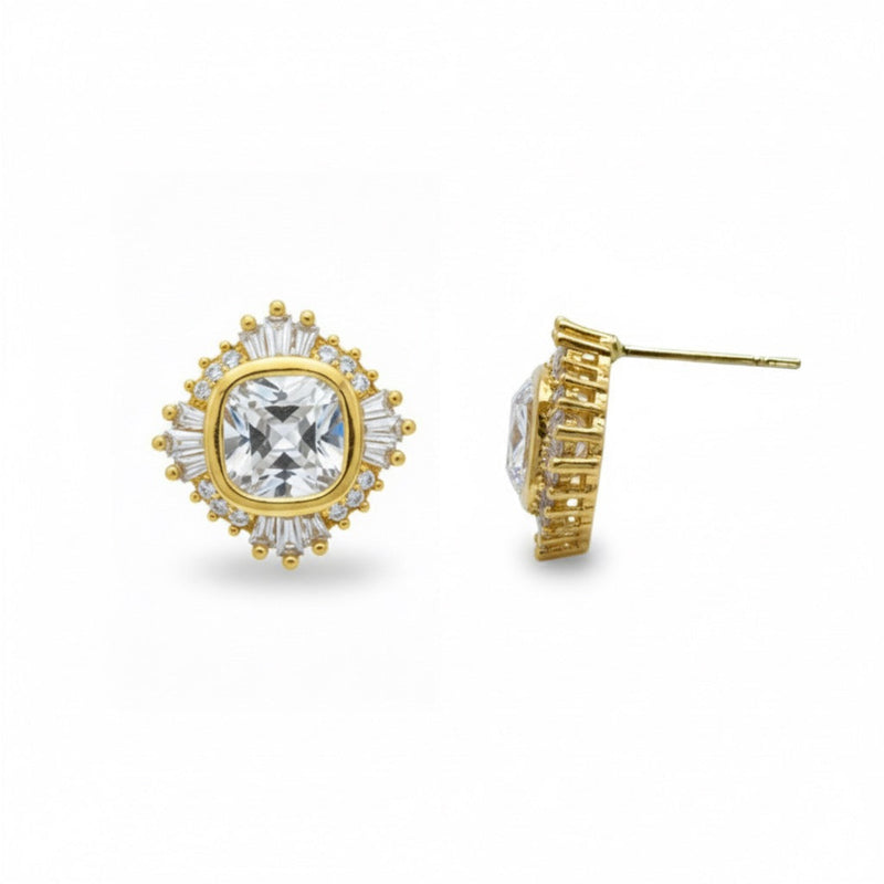 Gold-tone stud earrings featuring a radiant crown-like cluster of sparkling stones, arranged in a semi-circle to create a regal yet minimal look.