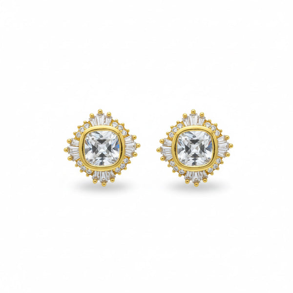 Gold-tone stud earrings featuring a radiant crown-like cluster of sparkling stones, arranged in a semi-circle to create a regal yet minimal look.