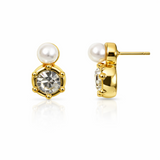 Elegant stud earrings featuring a brilliant clear crystal paired with a small luminous pearl in a gold-tone setting. The dual-stone design combines modern sophistication with timeless charm, perfect for everyday wear or special occasions.