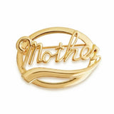 Gold-tone brooch pin with the word “Mother” in elegant retro script, framed by an oval border for a classic vintage look.