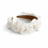 Wide padded headband featuring layered white fabric flowers with clustered pearl centers, arranged in a romantic, textured design for a feminine and elegant hair accessory.