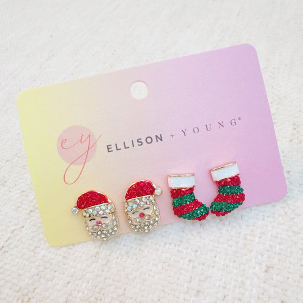 Festive stud earrings set with Santa and Christmas stocking designs – whimsical holiday charm