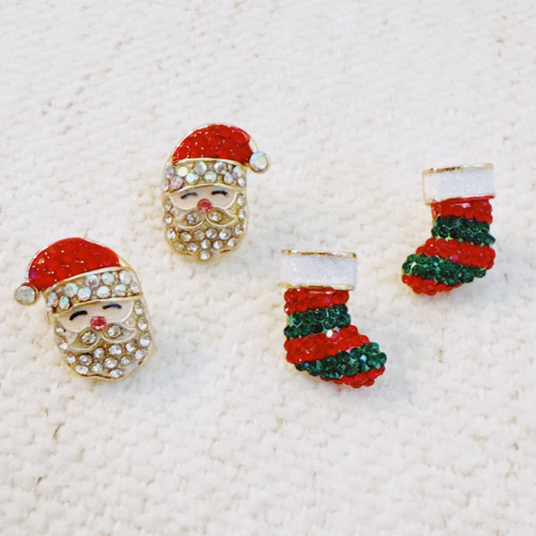 Festive stud earrings set with Santa and Christmas stocking designs – whimsical holiday charm