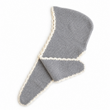 A gray ribbed knit baby blanket or wrap with a cream-colored crochet trim, folded on a plain white background.