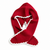 A red knit hooded scarf with white scalloped trim, folded and displayed on a clean white background.