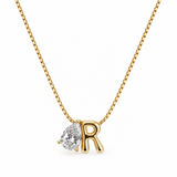Sculptural Initial Pear Crystal Necklace – Gold Letter R Charm with Pear-Cut Crystal