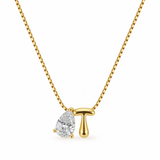 Sculptural Initial Pear Crystal Necklace – Gold Letter T Charm with Pear-Cut Crystal