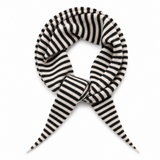 A black and off-white striped knit scarf, styled in a loop with two pointed ends, shown on a plain white background.