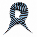 A knit scarf with alternating light blue and dark brown horizontal stripes, styled in a loop with a knot at the front and tie ends at the bottom, on a solid white background.