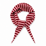 A knit scarf with horizontal red and light pink stripes, tied in a knot and arranged in a loop on a plain white background.