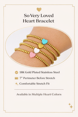 Gold bracelet with heart charms on a wrist, labeled 'So Very Loved Heart Bracelet'.