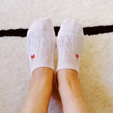 Set of three low cut socks featuring playful strawberry-themed patterns in soft pastel tones, designed for comfort and everyday charm.