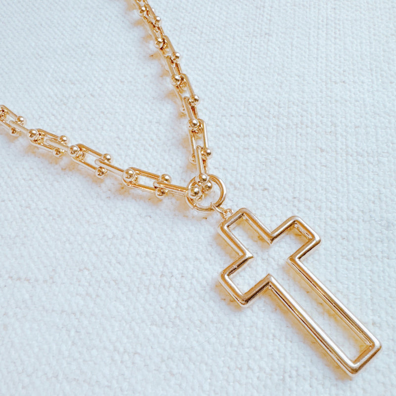 Stylish-Cross-Pendant-U-Chain-Necklace-In-Gold