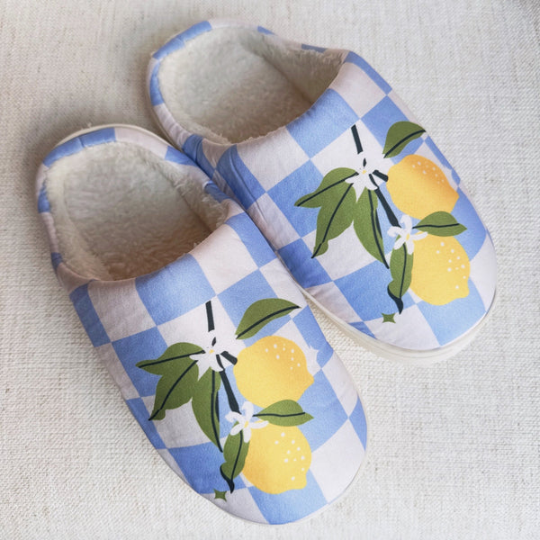 Soft indoor slippers featuring a bright lemon pattern on a checkered background, with a round-toe design, available in multiple sizes