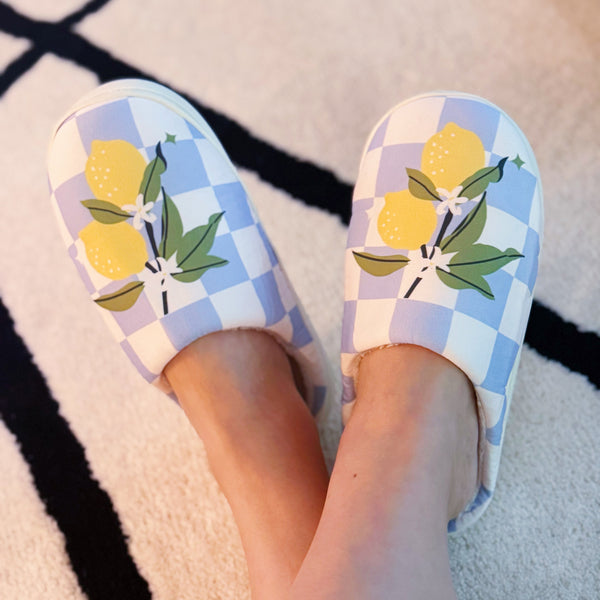 Soft indoor slippers featuring a bright lemon pattern on a checkered background, with a round-toe design, available in multiple sizes