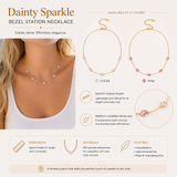 Dainty Sparkle bezel station necklace with clear and pink options, shown on a model and in close-up.