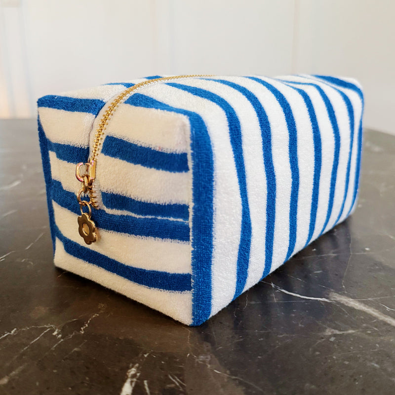 ELLISON + YOUNG TERRY CLOTH STRIPED COSMETIC CASE TIMELESS NAVY