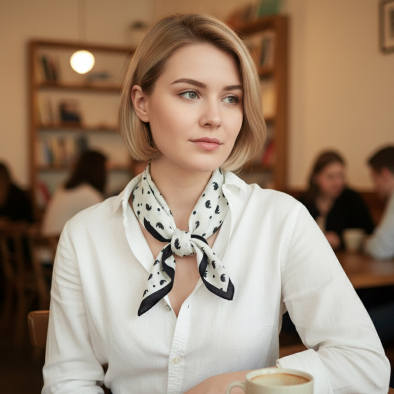 Lightweight textured square scarf with a soft finish, ideal for accessorizing hair, necklines, or handbags with effortless elegance.