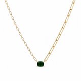 Gold chain necklace with a green gemstone on a white background