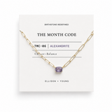 Gold necklace with a purple gemstone on a white card displaying 'The Month Code' branding.