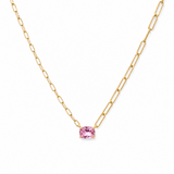 Gold necklace with a pink gemstone on a white background